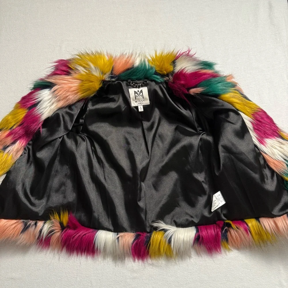Milly Minis Girls Faux Fur Colorblock Jacket Size 4 Multicolor Patchwork Coat - Picture 6 of 10